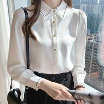 White chiffon shirt womens long sleeve 2021 early spring design sense niche interior tie bottom coat professional dress shirt