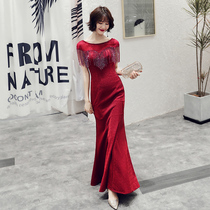 Bridal toast to womens wine red color thickened Lean Fish Tail 2021 New Summer Evening Gown Hostedwoman host