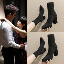 2021 Autumn winter new socks small short boots High heel womens shoes Martin boots slim and thick with 100 hitch autumn shoes