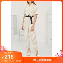 Lily summer new female simple striped waist color belt short sleeve jumpsuit 119210C7545WQ