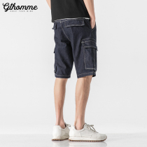 Summer new mens denim shorts loose straight trend primary color Joker casual tooling five-piece pants mens thin