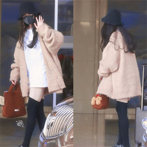 European Yang Mi with camel mohair knitted cardigan jacket Korean version loose casual long sweater autumn and winter