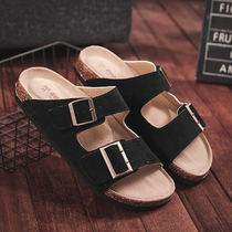 Leather slippers men summer 2021 new sandals British trend Cork slippers non-slip outside wear large size slippers women