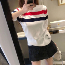 Thom Browne 20 Spring Summer TB short-sleeved color striped wild casual knitted sweater T-shirt top women