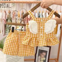 Summer new childrens plaid suit 2022 girl baby foreign air wings hanging band shirt shorts two-piece set