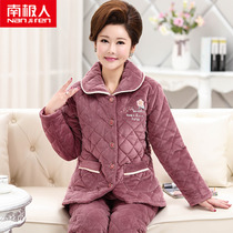 Middle Aged Mom Pyjamas Woman Winter Three-layer Thickened Coral Fleece Jacket Cotton Padded Jacket Gushed Warm Home Suit Suit