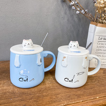Cute cartoon cat belly ceramic cup with lid spoon office coffee mug student Breakfast Milk Cup