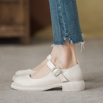 Small leather shoes female English style 2021 Autumn New all round head one word button Mary Jane shoes rough heel Japanese jk single shoes