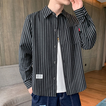 Long-sleeved shirt mens spring and autumn Hong Kong style literary vertical stripe shirt coat mens casual handsome autumn coat
