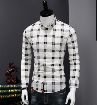 Mens long-sleeved shirt autumn pure cotton slim-fitting handsome plaid shirt youth Korean version of the trend mens casual top
