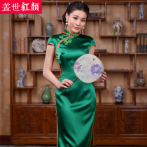 Furious red Cheongsam Silk contrast color double edging handmade three-dimensional large plate buckle Retro long Cheongsam skirt dress