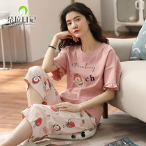 Summer ladies pure cotton pyjamas cute cover short sleeves 7-pants All cotton Fat plus size Home Two suits