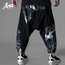 Zuodu Haren pants mens loose small feet cotton linen pants Chinese style crane printing crotch pants flax pants mens tide