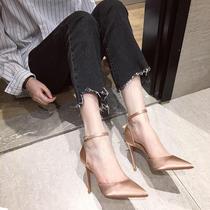 French girl high heels 2021 autumn new small fresh nude thin heel pointed word with hollow single shoes women