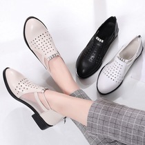 2022 new spring single shoe woman real leather breathable mesh yarn round head coarse heel womens shoes Soft bottom small leather shoes big size 41