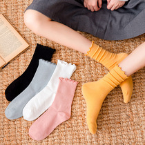 Socks womens spring and summer pure cotton deodorant and sweat-absorbing mid-tube socks Japanese all-match cute wood ear side pile socks long socks