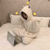 Korean version of autumn pajamas female student suit plus velvet thick coral velvet winter loose cute ins home service two-piece set