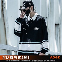 Xiaobin national tide autumn stripe color matching stitching polo shirt men loose print long sleeve jacket lovers sweater tide