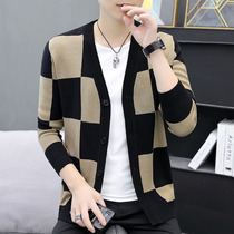 Youth casual plaid sweater cardigan sweater jacket mens spring and autumn thin Korean slim trend mens clothing