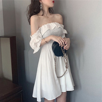 Large size Hyuna wind ins tide skirt pullover word shoulder white pleated waist thin temperament dress female summer