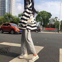 Autumn set female student Korean loose Harajuku style striped long sleeve T-shirt casual wide leg pants womens two-piece tide
