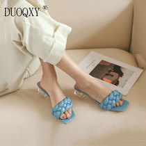 Net red overfire summer woven cool slippers female outwear coarse heel and bread crystal heel sandals with slippers.