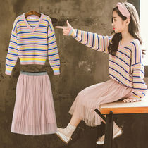 Childrens wear 19 new large girl sweater gauze dress set spring and autumn two-piece Korean girl foreign style fashion