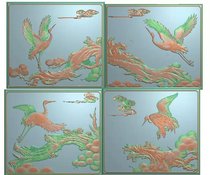 Carved picture relief picture grayscale picture Flat sandalwood carving pine crane welcome pine crane cabinet door panel top box cabinet door