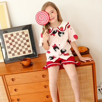 Childrens pajamas Summer thin cotton girls short-sleeved home clothes set girls cute super cute 12-year-old children