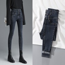 Korean high-waisted jeans womens tight 2021 new spring and autumn slim slim slim high Joker breasted pants
