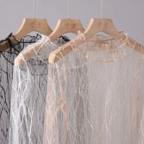 Purple spring and autumn perspective lace top female ruffle double-layer trumpet sleeve mesh base shirt long sleeve