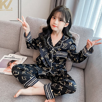 Girl Sleepwear Real Silk 2022 New Great Boy Spring Autumn Thin pieces Two sets of printed children Home Clothing Winter Season Tide