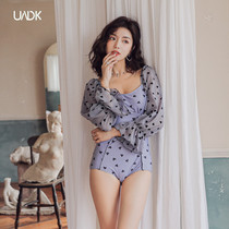  Long-sleeved swimsuit female one-piece triangle sexy belly cover thin fairy fan Korean ins conservative lace swimsuit