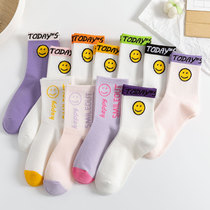Color Smiling Face Socks Female Midbarrel Socks Spring Spring Summer Thin gas Breathable Ins South Korea Cotton alphabet Sports Long Sox