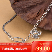 Pure silver 925 retro to the old hip hop wind trend 100 lap personality male and female back shaped needle small flower ear nail rat money necklace