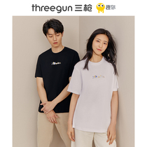 Luo Xiaohei joint name] Three shots of cotton couple short-sleeved female round neck loose ins tide wearing cotton T-shirt mens single piece