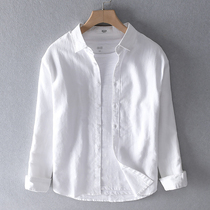 White Linen Long Sleeve Shirt Mens Fall New Casual Flap Loose Day Ensemble Blouse Cotton Linen Linen