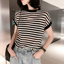 Striped ice silk T-shirt women Summer European station 2021 summer new European goods Womens tide short sleeve loose thin shirt