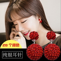 Front and rear double-sided size ball stud female temperament Korean red earrings 925 sterling silver earring Crystal personality ear