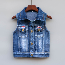 Child Spring Autumn Denim Waistcoat Slim 2022 Chunqiu Boy Vest Kan Shoulder Female Baby Maclip Boy Jacket Tide