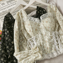 South Korea Super fairy small flower mesh gauze summer slim short shirt womens new drawstring lace slim lace shirt
