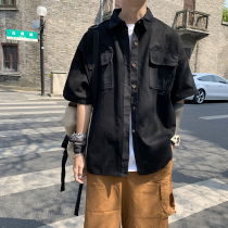 Net Red Tooling Short Sleeve Shirt Man 50% Sleeve Boom Outside Wearing 100 lapped Korean version Trend Student middle sleeve men lining clothes