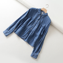 Autumn new shirt female Han fan stitching pleated Tencel denim shirt loose Joker bat sleeve coat women tide