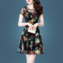 Summer women 2021 New Fashion large size womens slim summer short sleeve floral mesh embroidery dress temperament