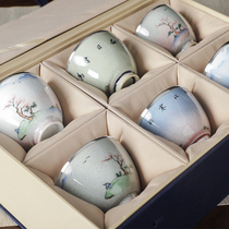 Chengyi silverware sterling silver teacup poetic ice crack silver cup set hand-painted porcelain silver cup set Kung Fu Tea Bowl