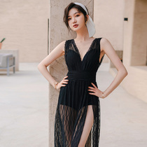 Hot spring one-piece swimsuit womens conservative long skirt retro thin belly cover fairy fan gather flat corner 2021 New