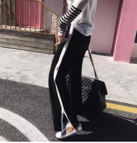 Large size side striped wide-leg pants womens high waist nine points fat mm split loose student white edge sports school uniform pants autumn