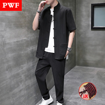 Summer China Wind suit Mens Chinese style disc buckle embroidery Two sets of short sleeve T-shirt trousers matching a set of Tang suits