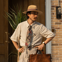 SOARIN Inglen Retro Linen Short Sleeve Shirt Male Yuppie Striped Thin Section Business Casual 70% Sleeve Shirt