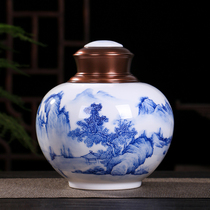 Jingdezhen tea jar blue and white ceramic jar small Puer sealed tank landscape storage loose tea tank waking tea tank packaging box